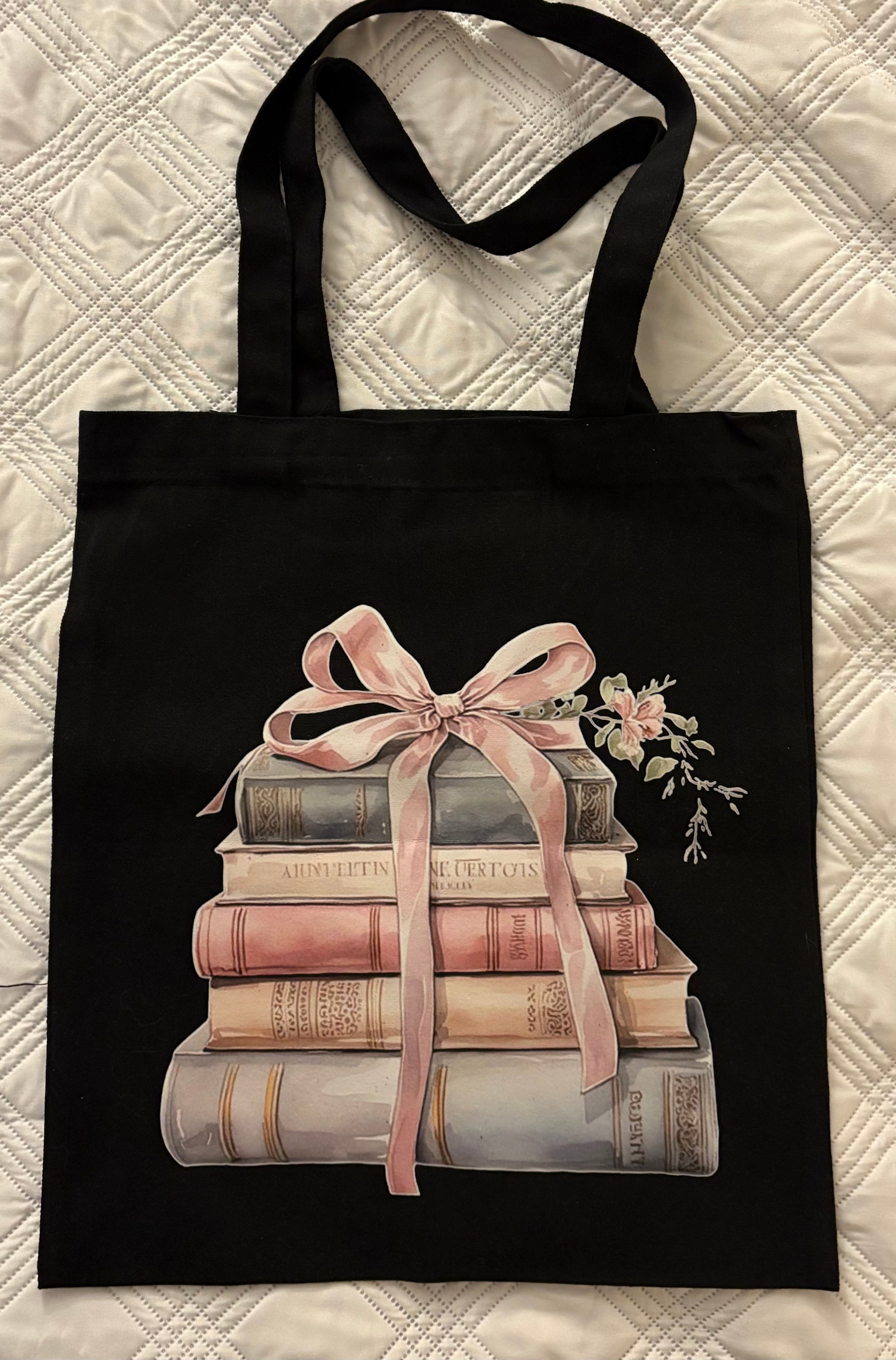 Dainty Book Stack Black Tote Bag